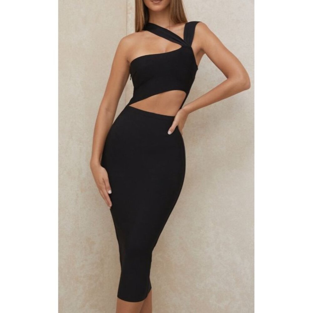 Black One-Shoulder Cutout Midi Dress